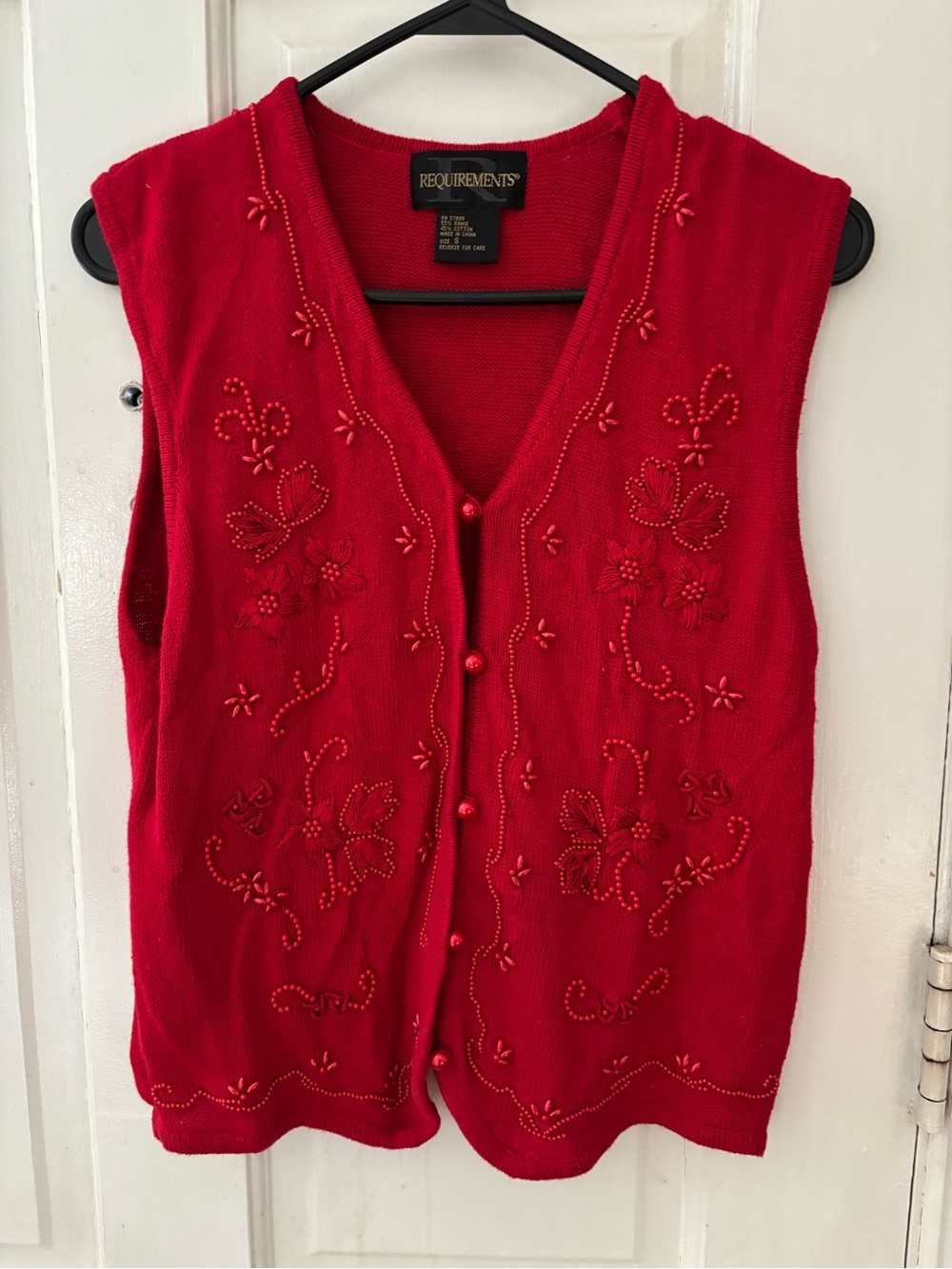 Vintage Requirements Red Floral Beaded Button Vest Sweater Ramie Cotton Small